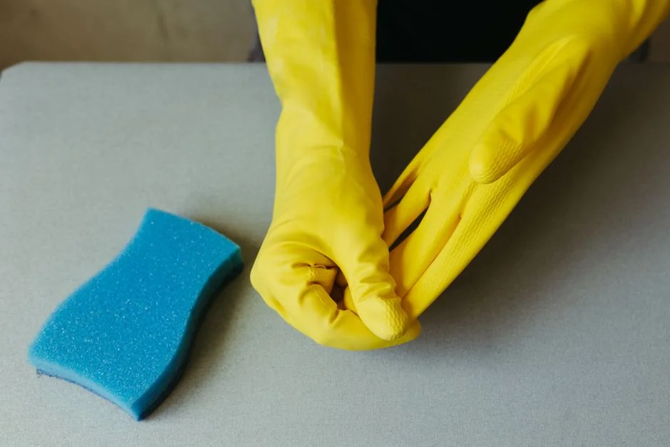 Vue d’en haut d’une femme de ménage anonyme portant des gants en caoutchouc jaunes et vaporisant un produit nettoyant sur un robinet d’eau chromé dans une salle de bain